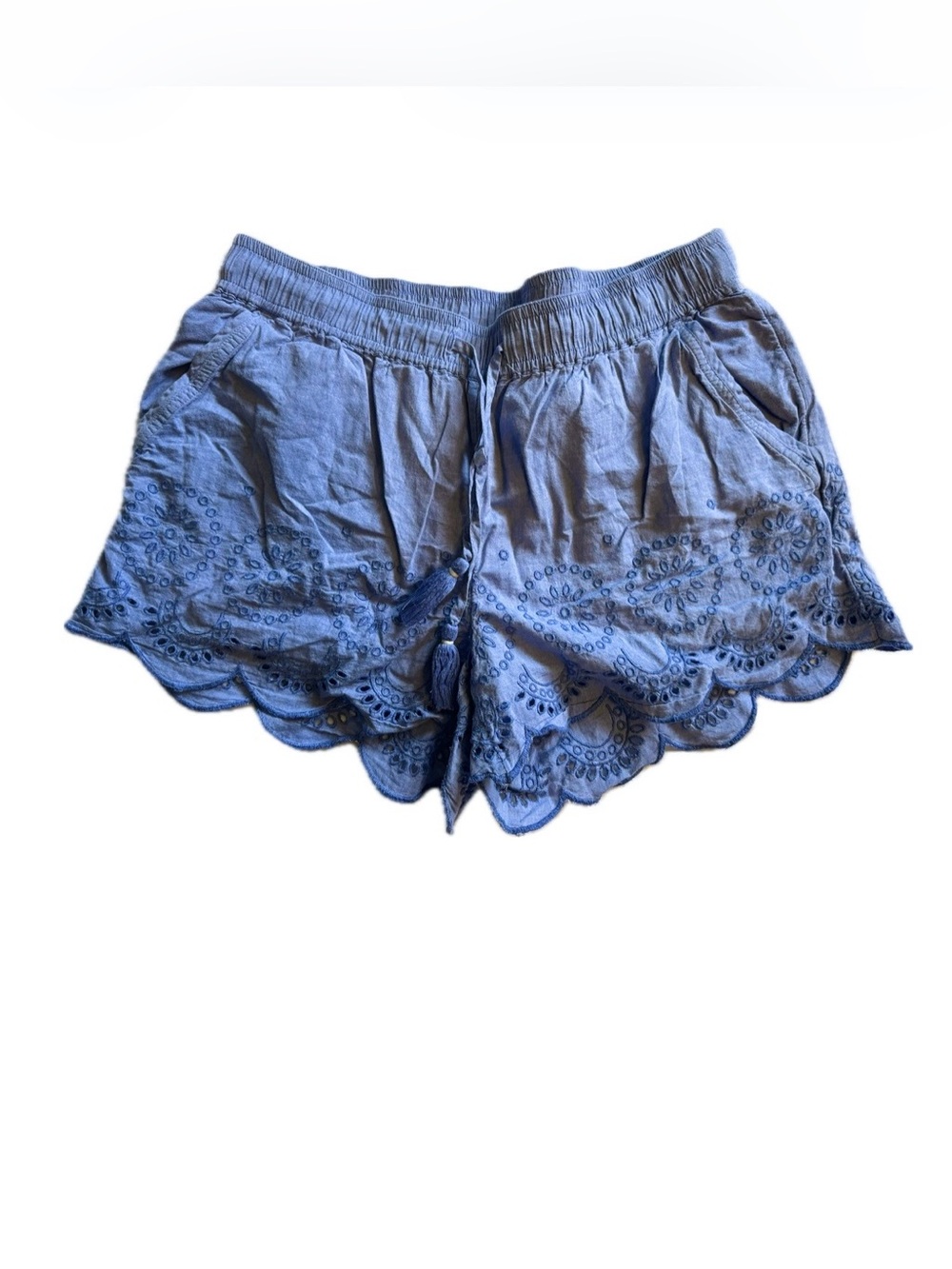 Vineyard Vines Women’s Blue Eyelet Scallop Trim Elastic Tassel Cotton Shorts S